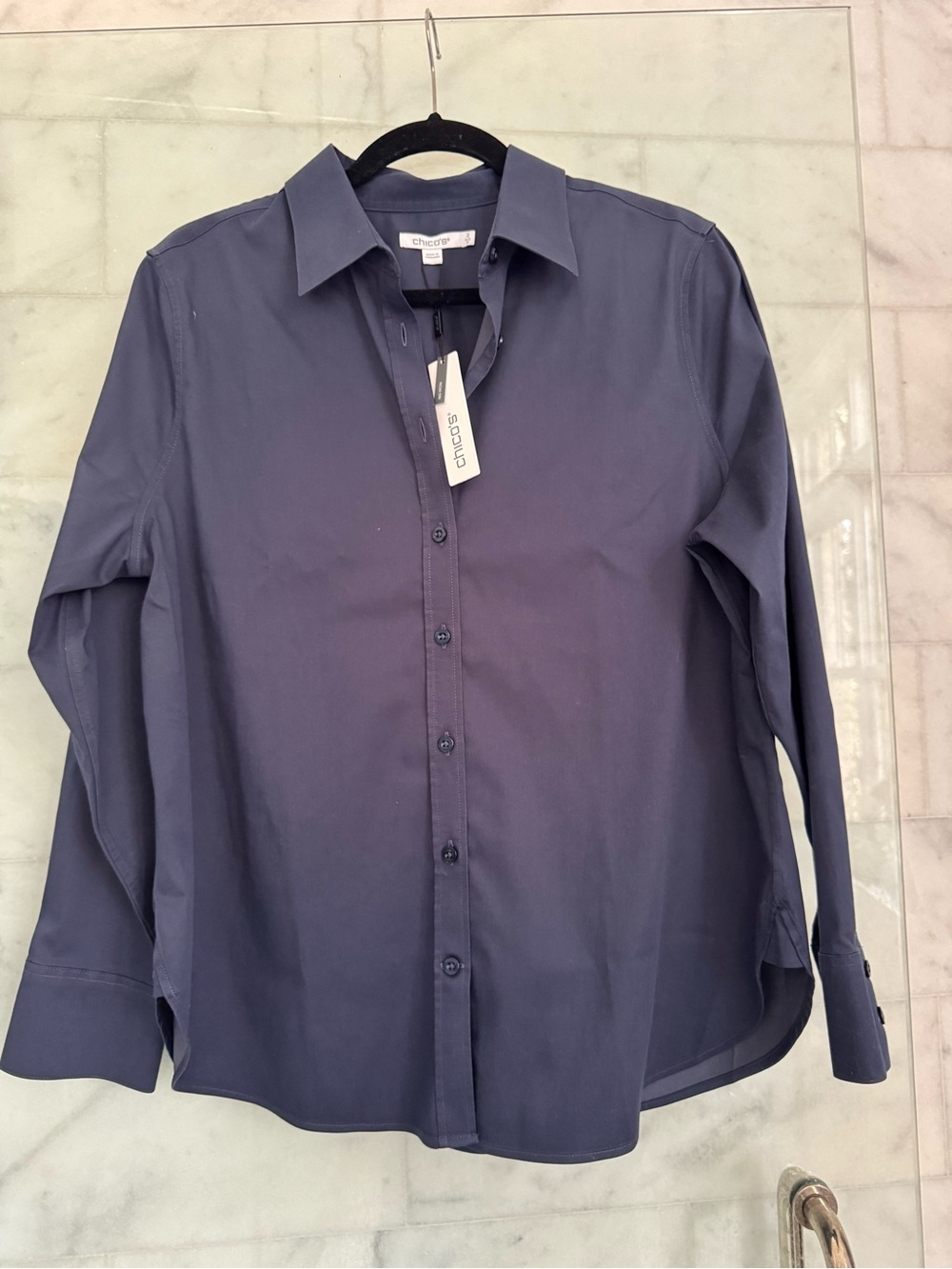 NWT Chico’s No Iron Stretch Button Down Shirt Indigo Sky Size 2 L